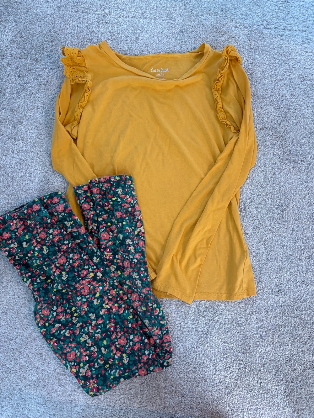 Girls Cat & Jack Yellow Ruffle-Shoulder Long Sleeve Top and Crewcuts leggings